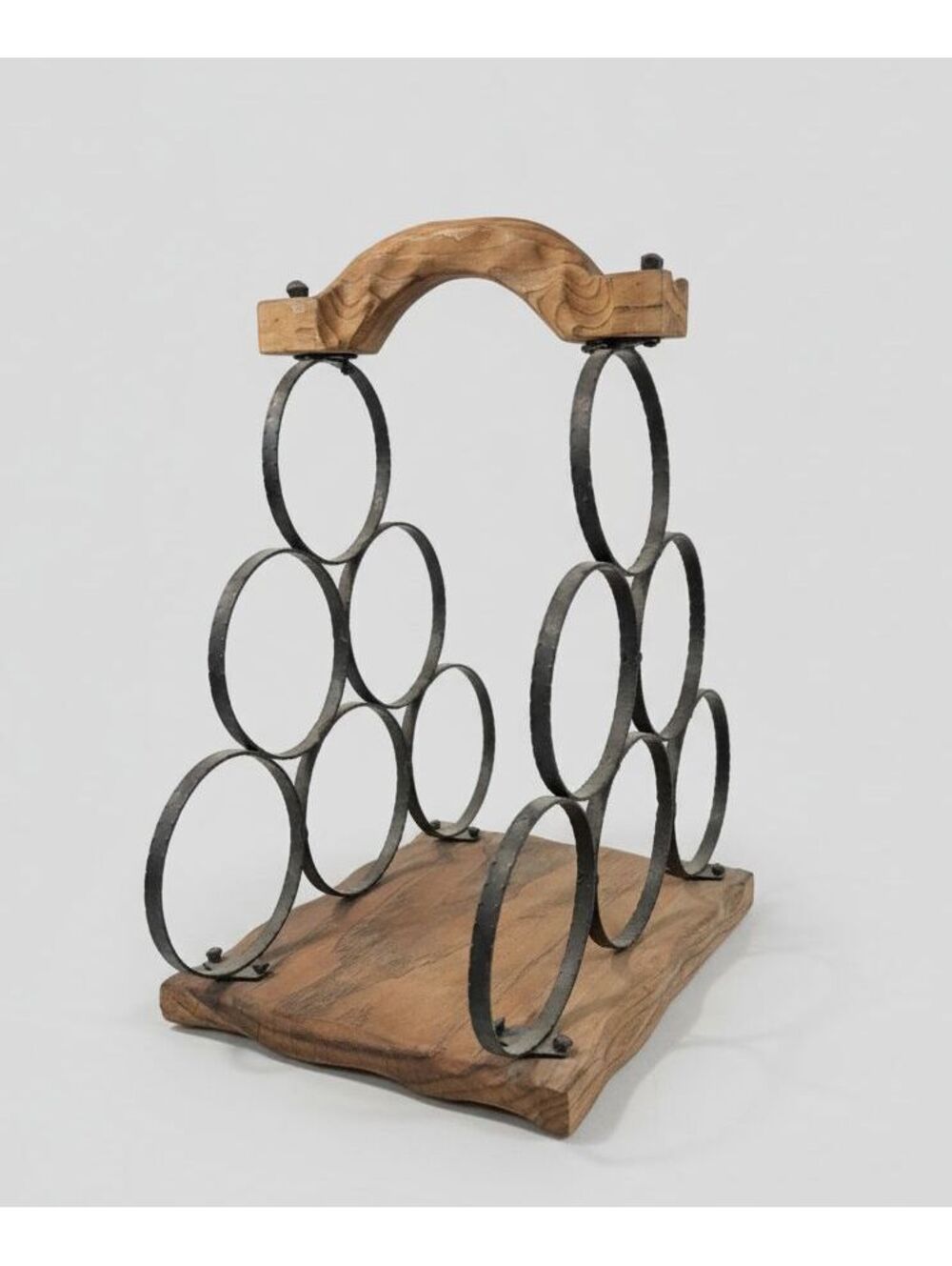 Vintage Rustic Wood & Black Iron Tabletop 6 Bottle Handled Wine Rack 7.5"x 13.5"